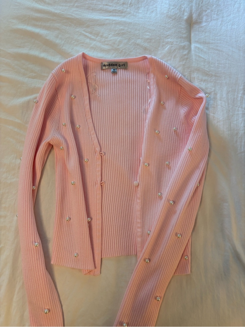 Madden Girl Light Pink Pearl-Studded Ribbed Cardigan